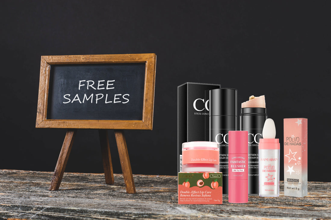 free cosmetics samples and sign on mini chalkboard