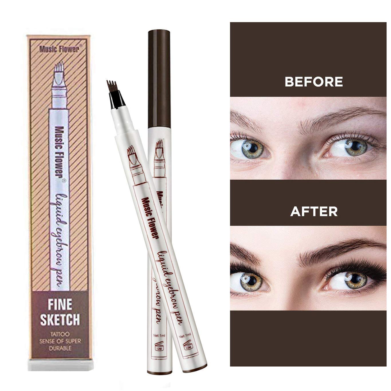 before and after for applying microblading eyebrow pencil