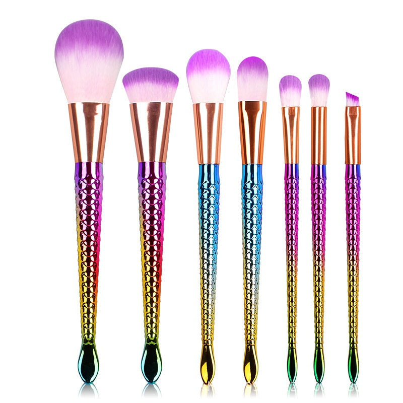 New 7 Pcs Mermaid Makeup Brush Set Dreamy Fishtail Synthetic Long Brushes Kit