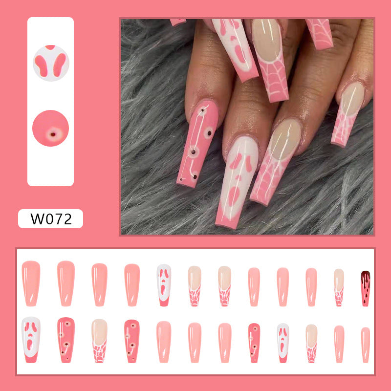 Ghost Face Cute Halloween Nails Pink Long Coffin 24 PCS Press on Fake Fingernails with Glue Artificial Acrylic False Nail Design for Women Girls