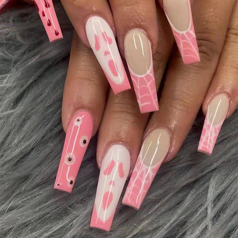 Ghost Face Cute Halloween Nails Pink Long Coffin 24 PCS Press on Fake Fingernails with Glue Artificial Acrylic False Nail Design for Women Girls