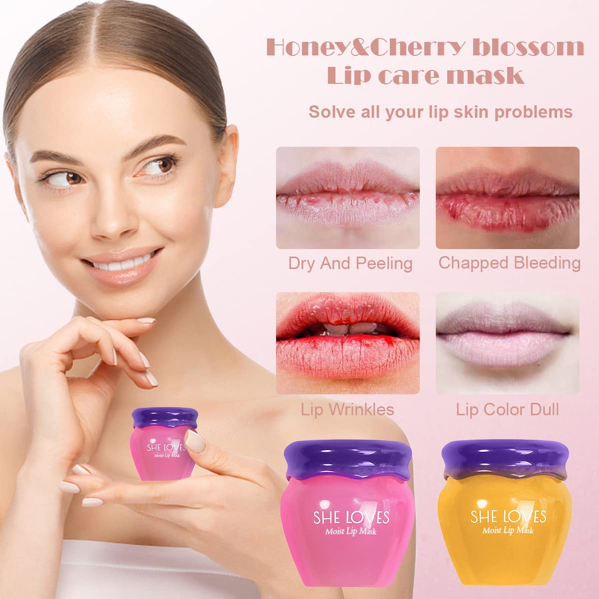 Day and Night Lip Balm Set Honey and Cherry Blossom 2 PCS Nourishing Moisturizing Fade Lip Lines Lips Oil Scrub Dead Skin Sleep Lip Mask Care Cosmetics
