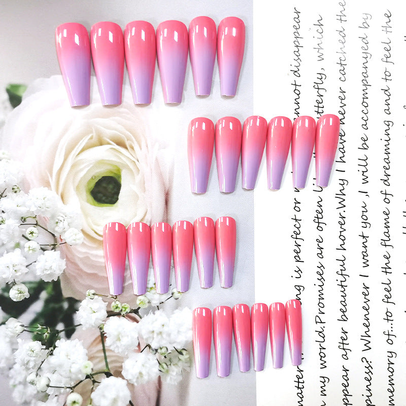 Glossy Ombre Pink and Purple Nails Extra Long Coffin Ballerina Gradeint Press On Fake Fingernails Full Cover Artificial Acrylic Nail for Women