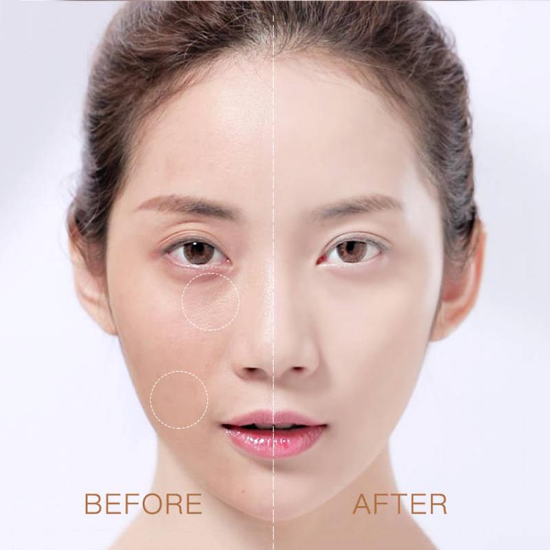 before and after applying color correcting primer on lady model's face