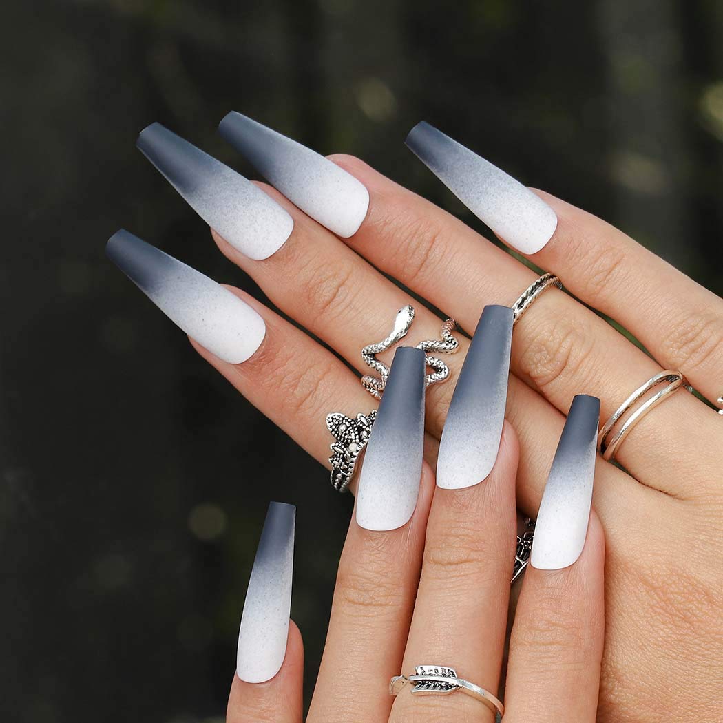 Matte Black Ombre Nails Gradient Coffin Extra Long Press on Ballerina False Fingernails Full Artificial Acrylic Cover Nail 24Pcs