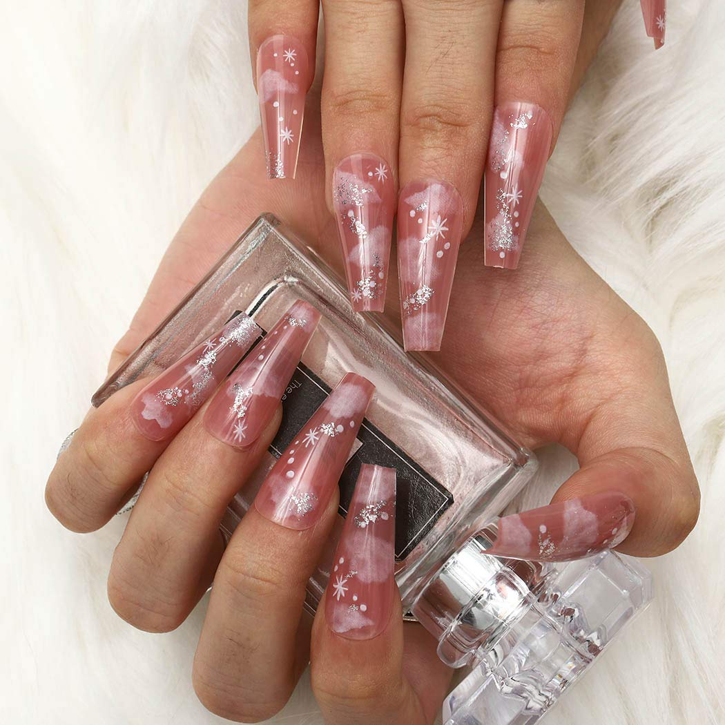 Pink Star Cloud Cute Nails Long Coffin Press on